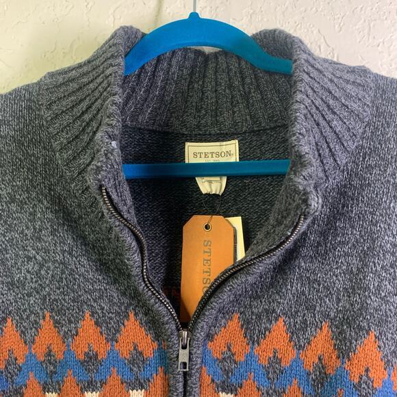 STETSON Sweater Cardigan Full Zip Mock Neck Western Navajo Cotton Wool NWT - Picture 4 of 14